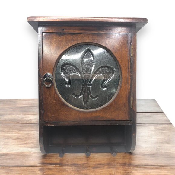 VTG Fleur De Lis Cabinet Organizer Storage Dark Wood Bubble Glass Window Hanging